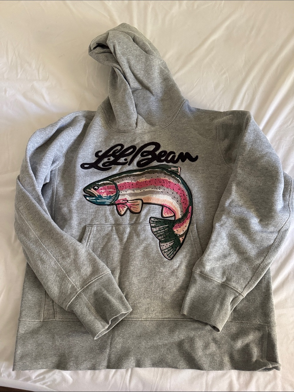 L.L. Bean Gray Hoodie with Pink & Green Trout Graphic